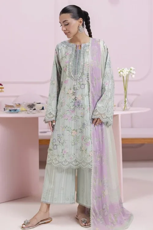 Qalamkar Qprints 25 – EM-05 (B) GRETA | Printed Lawn Suit with Embroidered Neckline & Chiffon Dupatta - Patel Brothers NX