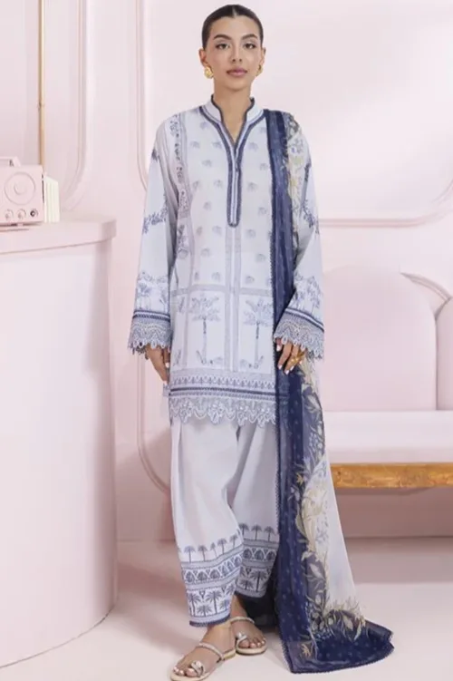 Qalamkar Qprints 25 – EM-06 (A) SAGE | Lawn Printed Suit with Chikankari Embroidery & Chiffon Dupatta - Patel Brothers NX