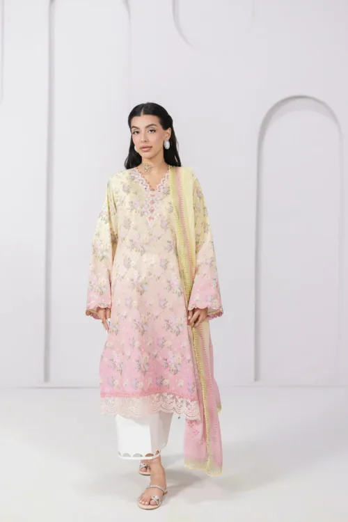 Qalamkar Qprints 25 – EM-08 (A) Sierra | Lawn Printed Suit with Chikankari Embroidery & Chiffon Dupatta - Patel Brothers NX