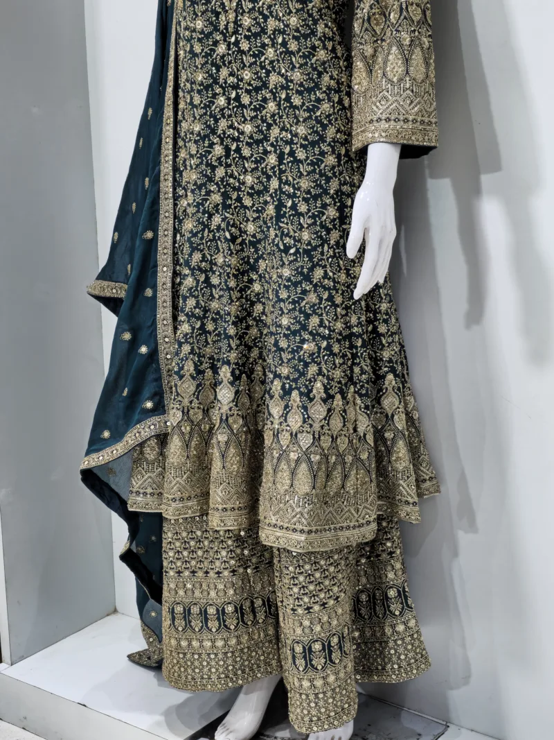 Dark Olive Green Georgette Palazzo Suit with Kashmiri Zari Embroidery 3750 B - Patel Brothers NX 6