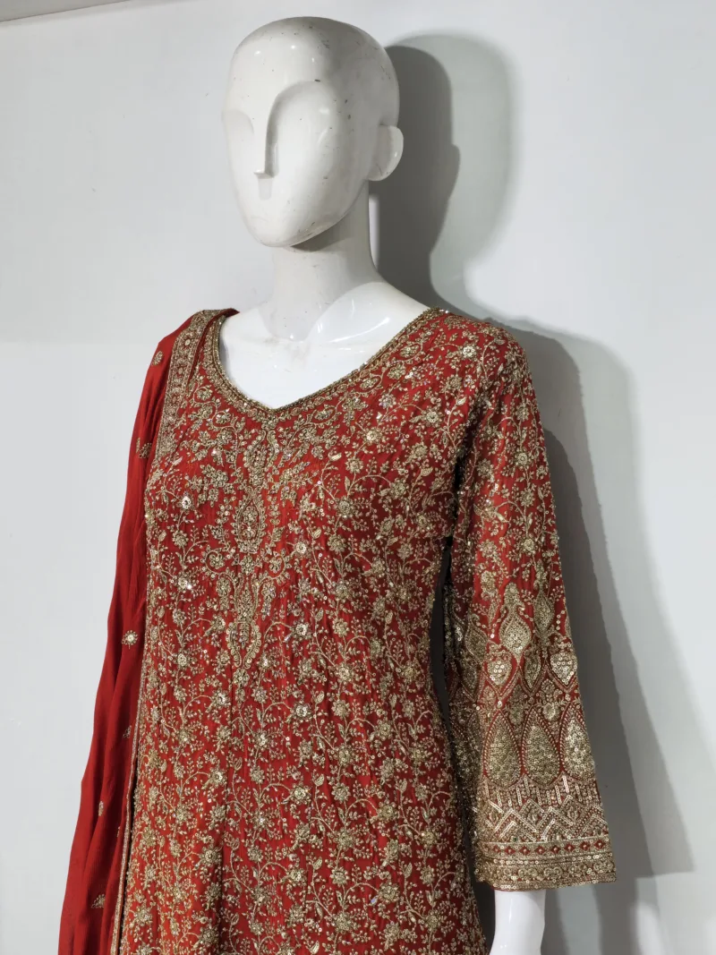 Luxury Red Georgette Palazzo Suit with Kashmiri Zari Embroidery 3750 A - Patel Brothers NX 5