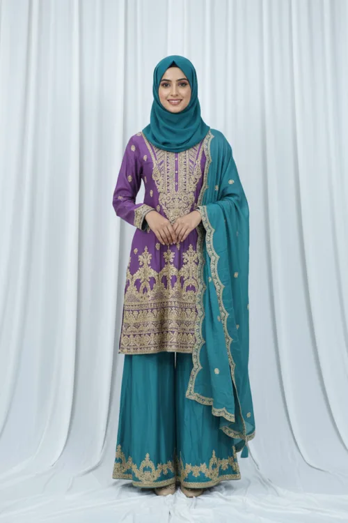 Purple & Teal Chinon Chiffon Zari Embroidered Sharara Suit | 3126 B - Patel Brothers NX