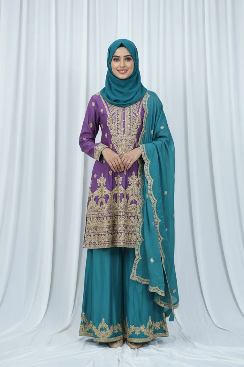 Purple & Teal Chinon Chiffon Zari Embroidered Sharara Suit | 3126 B - Patel Brothers NX 3