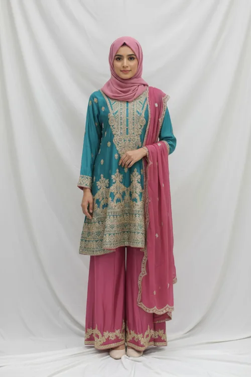 Teal & Mauve Pink Chinon Chiffon Zari Embroidered Sharara Suit | 3126 C - Patel Brothers NX