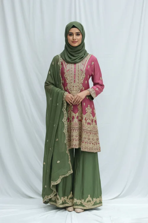 Rose Pink & Olive Green Chinon Chiffon Zari Embroidered Sharara Suit | 3126 D - Patel Brothers NX