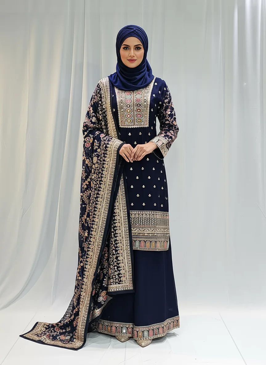 Navy Blue Elegant Embroidered Georgette Straight Pakistani Palazzo Suit 3514 - Patel Brothers NX 3 Navy Blue Elegant Embroidered Georgette Straight Pakistani Palazzo Suit 3514 - Patel Brothers NX 3