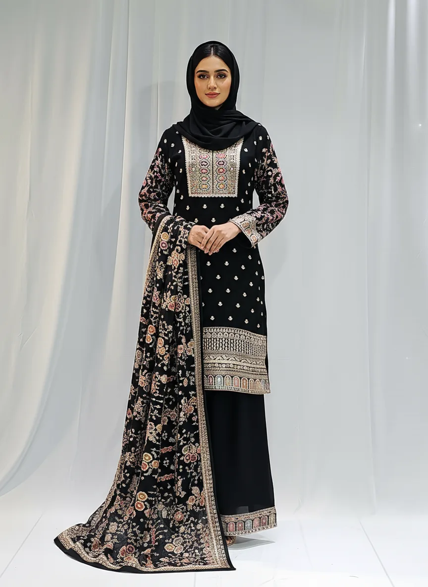 Black Elegant Embroidered Georgette Straight Pakistani Palazzo Suit 3514 - Patel Brothers NX 3 Black Elegant Embroidered Georgette Straight Pakistani Palazzo Suit 3514 - Patel Brothers NX 3