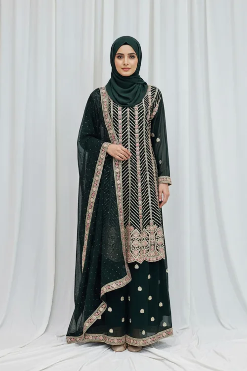 Elegant Dark Green Pure Georgette Peplum Suit | 3542 D - Patel Brothers NX