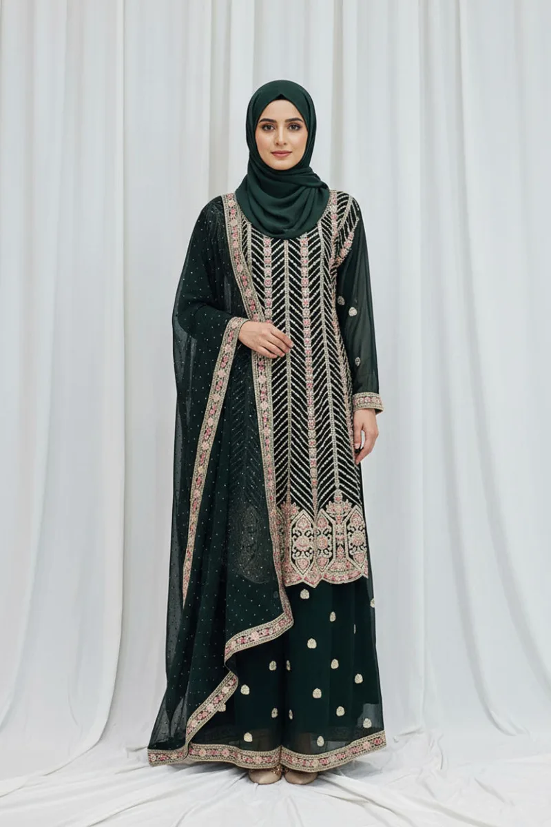 Elegant Dark Green Pure Georgette Peplum Suit | 3542 D - Patel Brothers NX 3