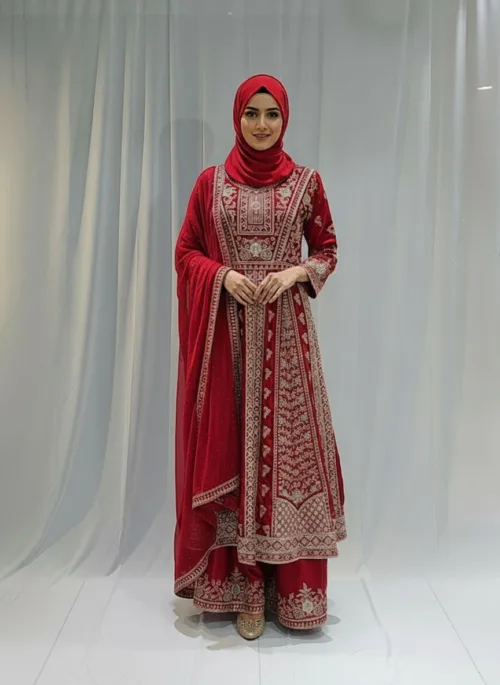 Crimson Red Satin Organza Zari Embroidered Palazzo Suit 3617 A - Patel Brothers NX