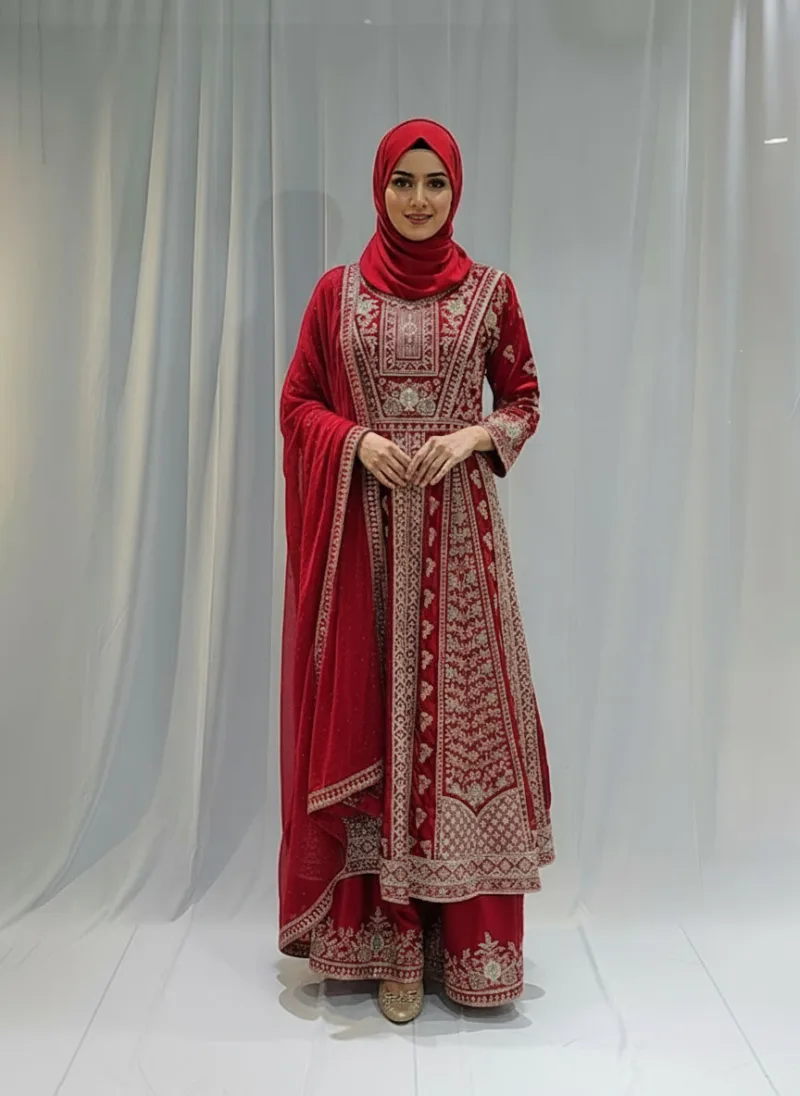 Crimson Red Satin Organza Zari Embroidered Palazzo Suit 3617 A - Patel Brothers NX 3