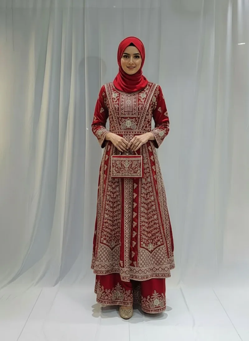 Crimson Red Satin Organza Zari Embroidered Palazzo Suit 3617 A - Patel Brothers NX 5
