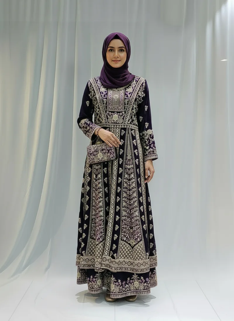 Royal Purple Satin Organza Zari Embroidered Palazzo Suit 3617 B - Patel Brothers NX 5
