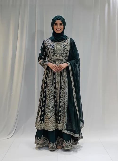 Emerald Green Satin Organza Zari Embroidered Palazzo Suit 3617 C - Patel Brothers NX