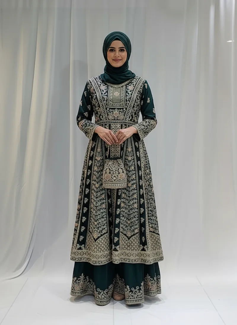 Emerald Green Satin Organza Zari Embroidered Palazzo Suit 3617 C - Patel Brothers NX 5