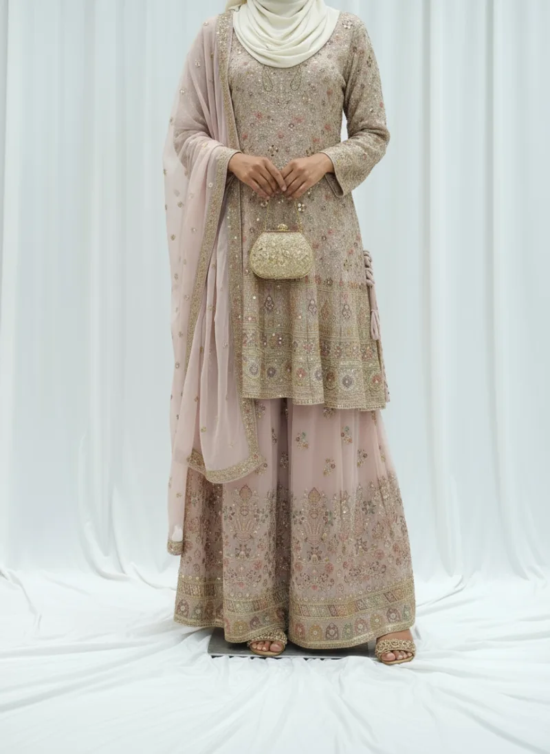 Blush Pink Georgette Kashmiri Embroidered Palazzo Suit 3700 A - Patel Brothers NX 5