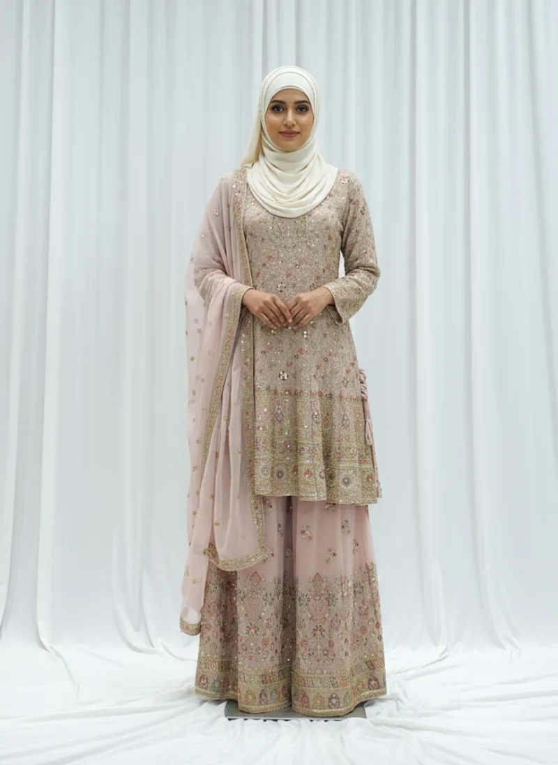 Blush Pink Georgette Kashmiri Embroidered Palazzo Suit 3700 A - Patel Brothers NX 3