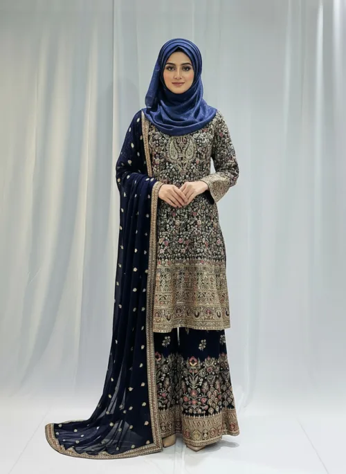 Navy Blue Color – Georgette Kashmiri Embroidered Palazzo Suit 3700 B - Patel Brothers NX