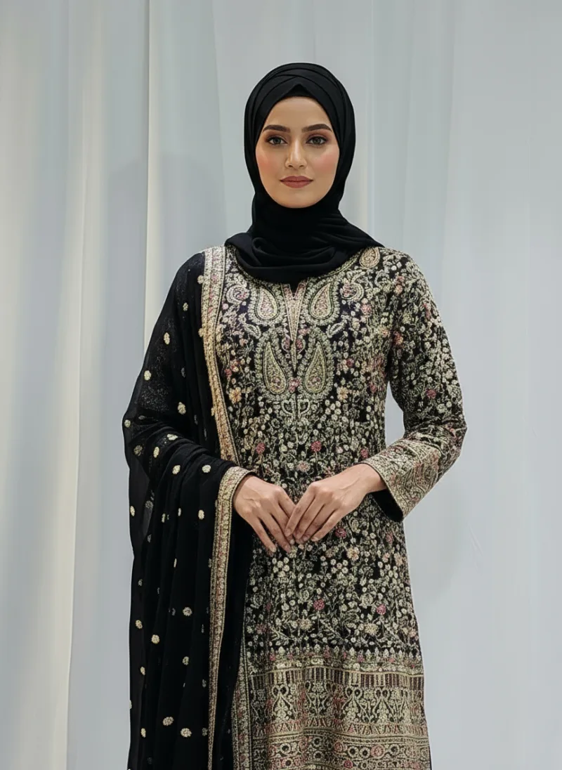 Black Color – Georgette Kashmiri Embroidered Palazzo Suit 3700 A - Patel Brothers NX 4