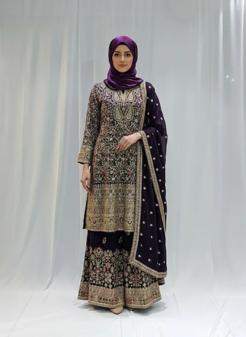 Wine Color – Georgette Kashmiri Embroidered Palazzo Suit 3700 C - Patel Brothers NX