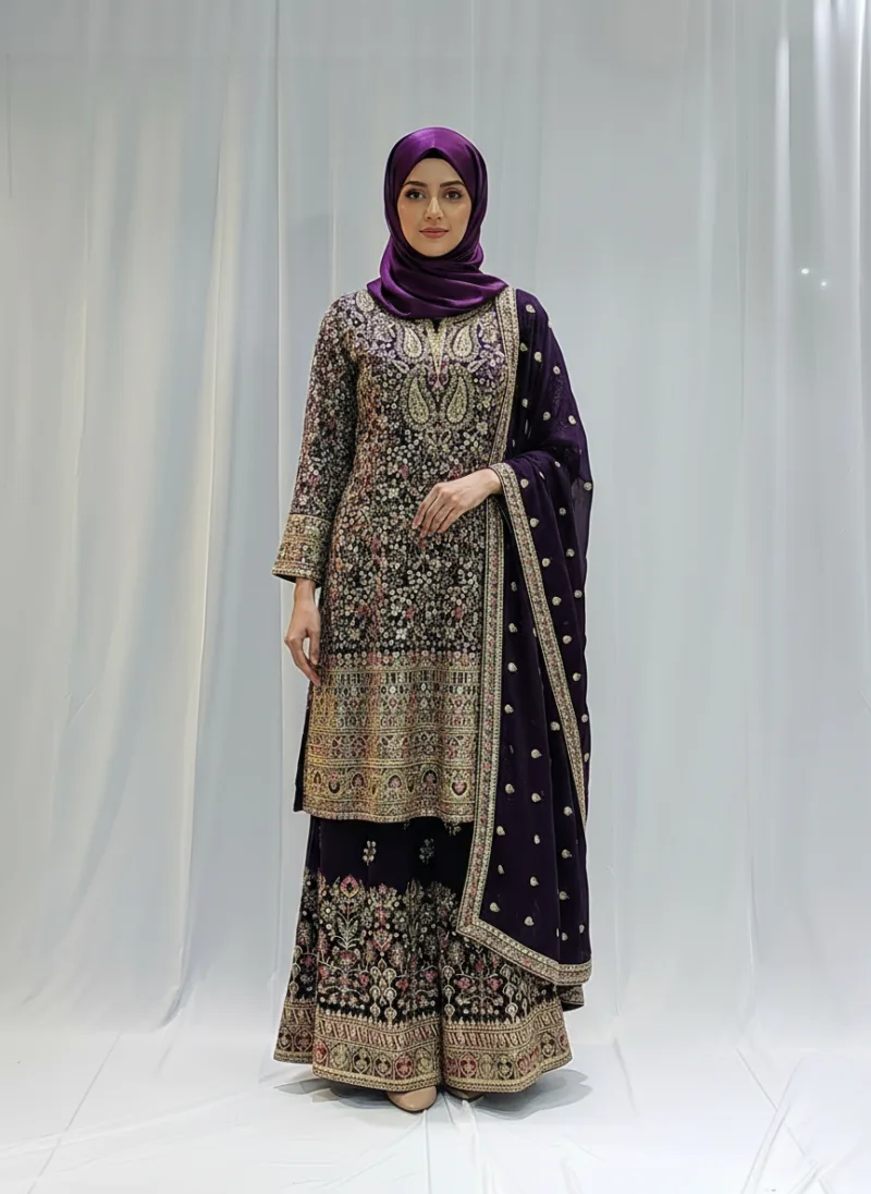 Wine Color – Georgette Kashmiri Embroidered Palazzo Suit 3700 C - Patel Brothers NX 3