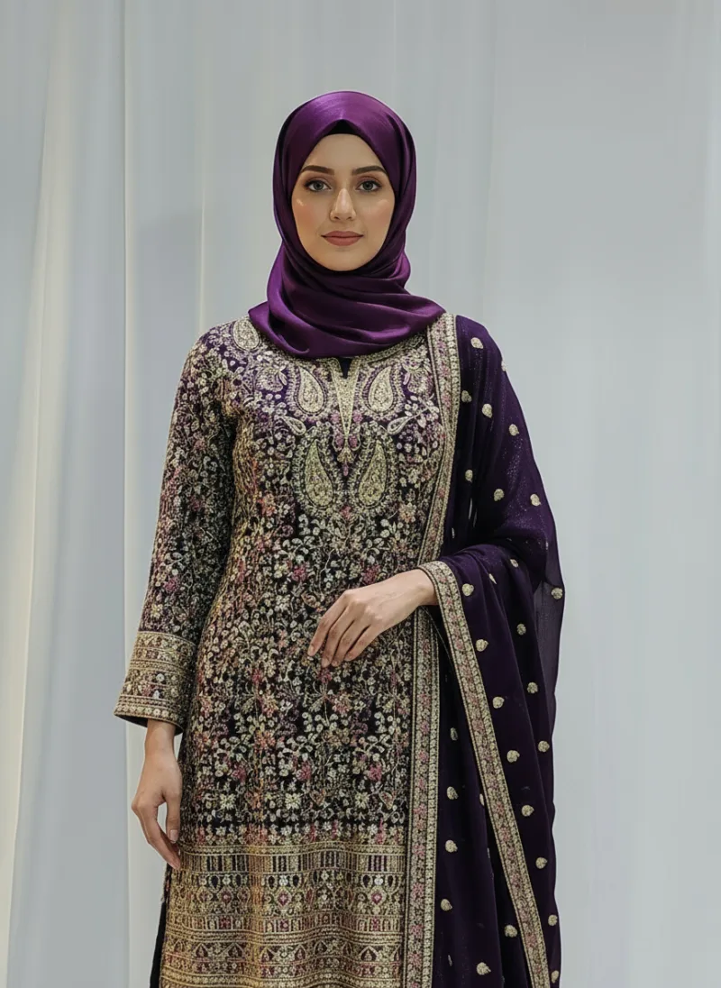 Wine Color – Georgette Kashmiri Embroidered Palazzo Suit 3700 C - Patel Brothers NX 4