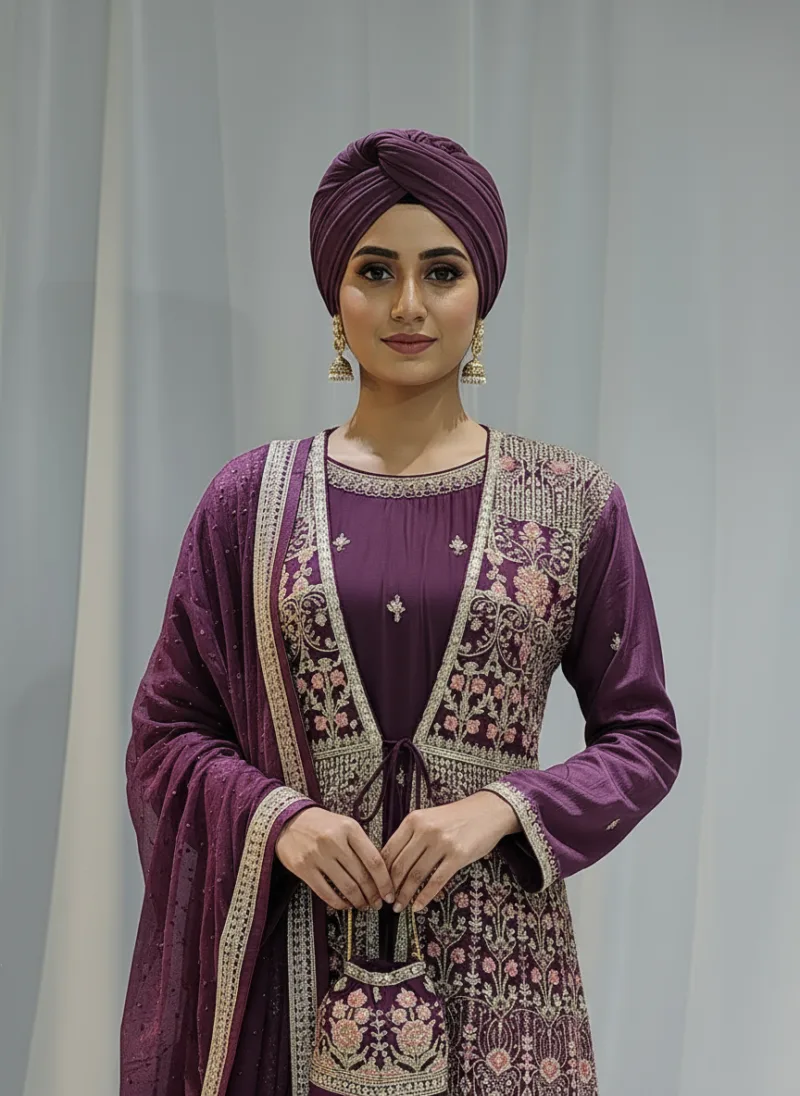 Royal Purple – Pure Chinon Chiffon Kashmiri Embroidered 3 Piece Jacket Palazzo Suit 3701 A - Patel Brothers NX 6