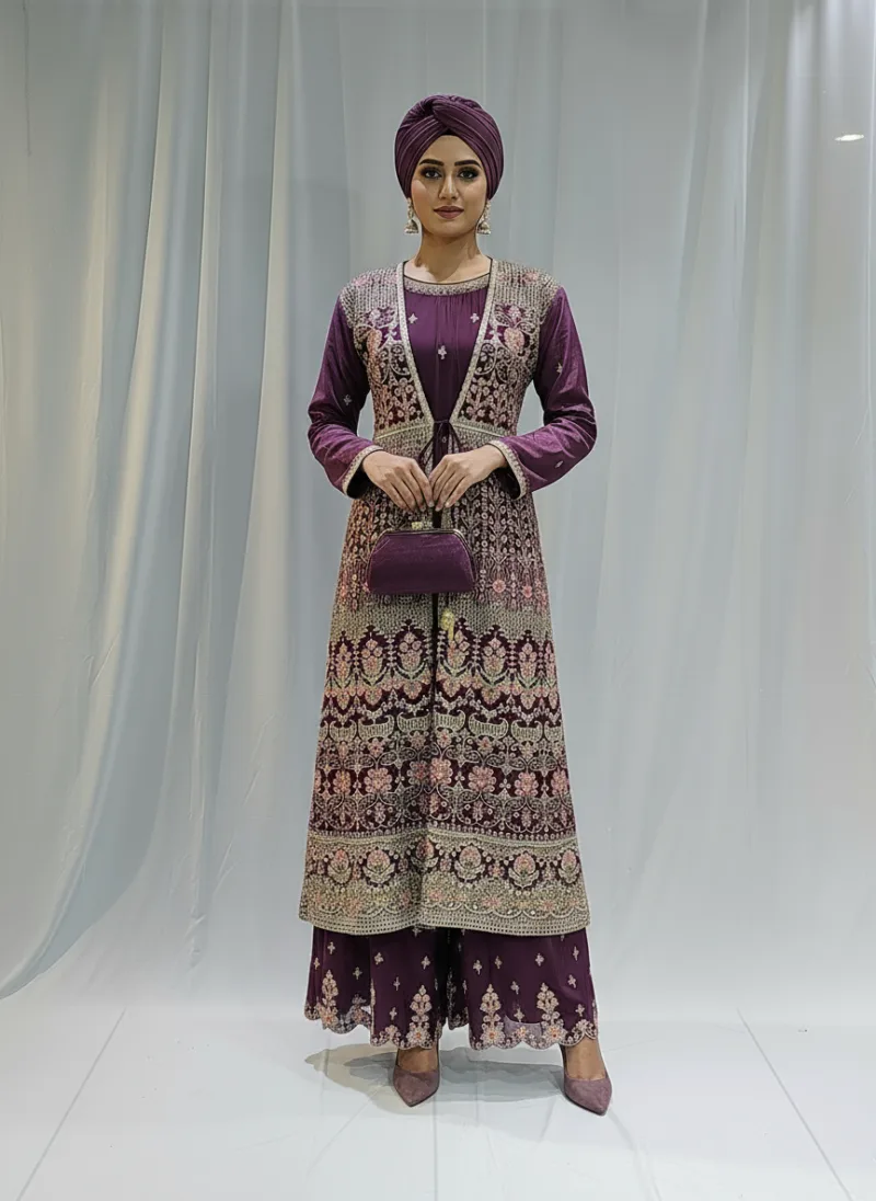 Royal Purple – Pure Chinon Chiffon Kashmiri Embroidered 3 Piece Jacket Palazzo Suit 3701 A - Patel Brothers NX 4