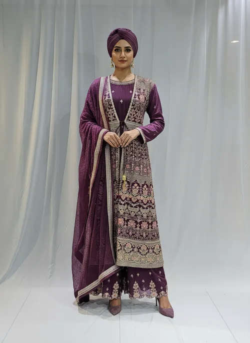 Royal Purple – Pure Chinon Chiffon Kashmiri Embroidered 3 Piece Jacket Palazzo Suit 3701 A - Patel Brothers NX