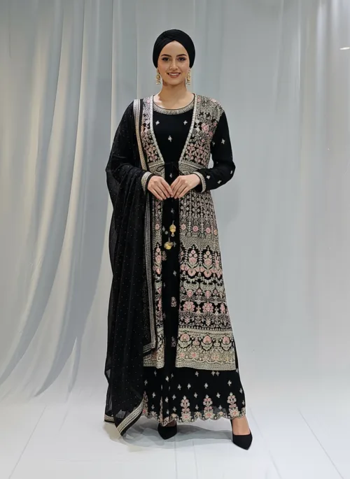 Classic Black – Pure Chinon Chiffon Kashmiri Embroidered 3 Piece Jacket Palazzo Suit 3701 B - Patel Brothers NX