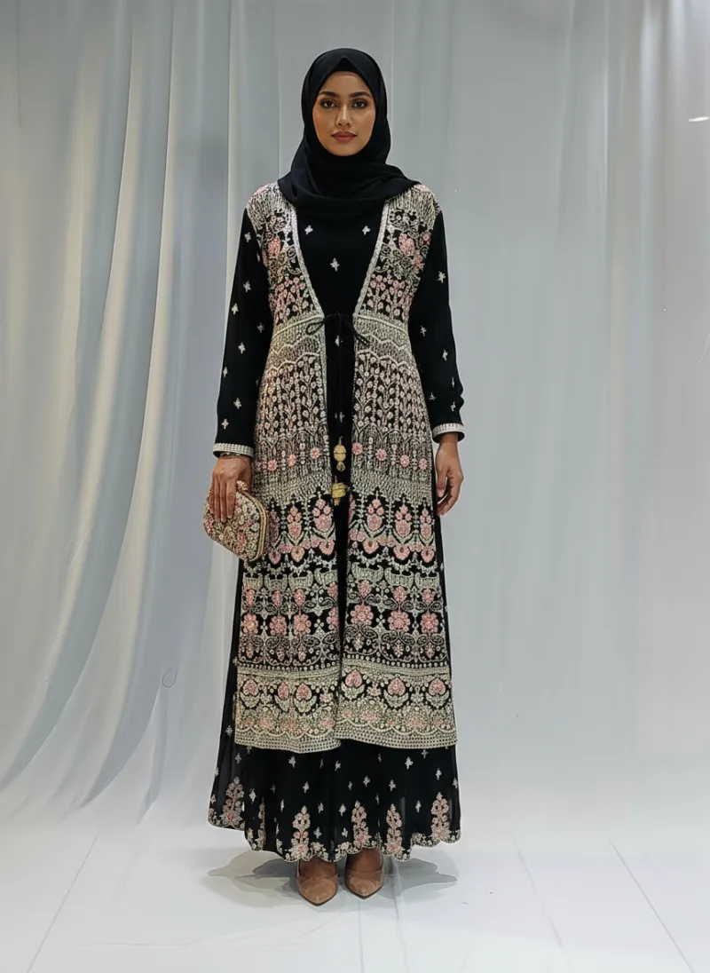Classic Black – Pure Chinon Chiffon Kashmiri Embroidered 3 Piece Jacket Palazzo Suit 3701 B - Patel Brothers NX 5