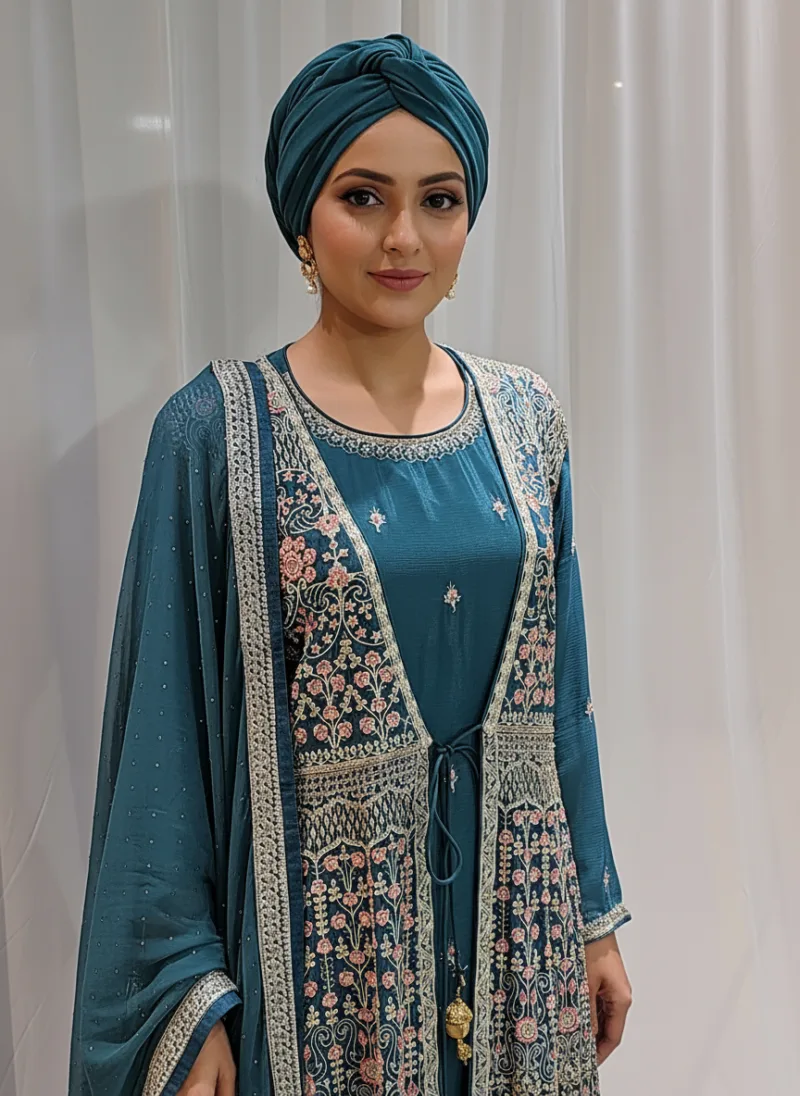 Teal Blue – Pure Chinon Chiffon Kashmiri Embroidered 3 Piece Jacket Palazzo Suit - Patel Brothers NX 4