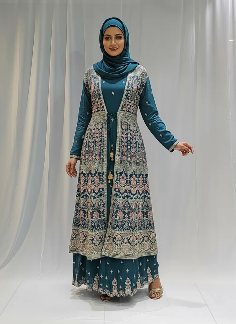 Teal Blue – Pure Chinon Chiffon Kashmiri Embroidered 3 Piece Jacket Palazzo Suit - Patel Brothers NX 5