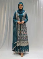 Teal Blue – Pure Chinon Chiffon Kashmiri Embroidered 3 Piece Jacket Palazzo Suit - Patel Brothers NX 7