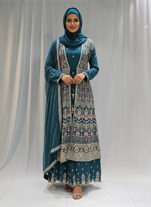 Teal Blue – Pure Chinon Chiffon Kashmiri Embroidered 3 Piece Jacket Palazzo Suit - Patel Brothers NX