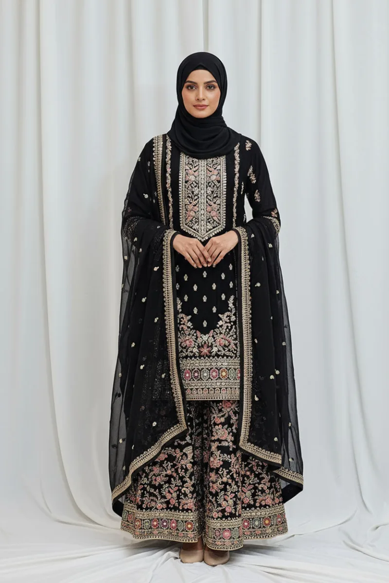 Black Chinon Chiffon Embroidered Gharara Suit - Patel Brothers NX 6