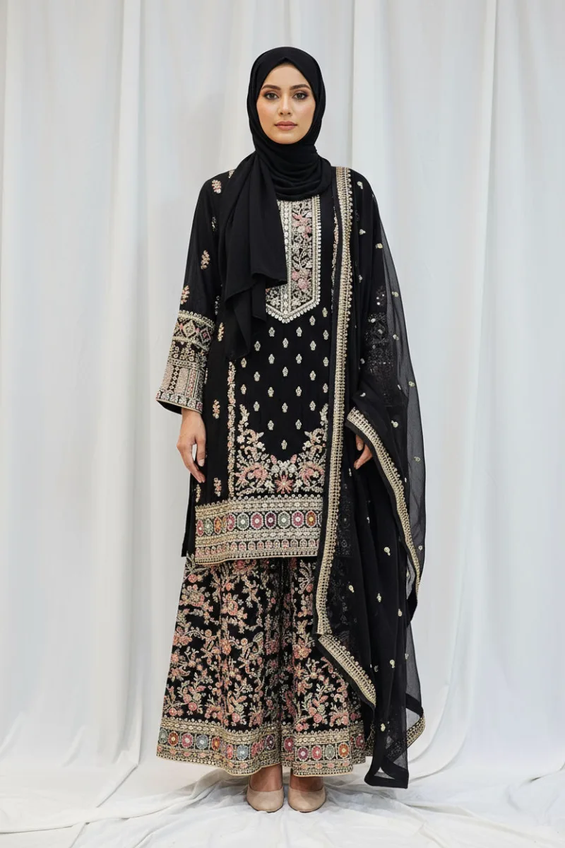 Black Chinon Chiffon Embroidered Gharara Suit - Patel Brothers NX 4