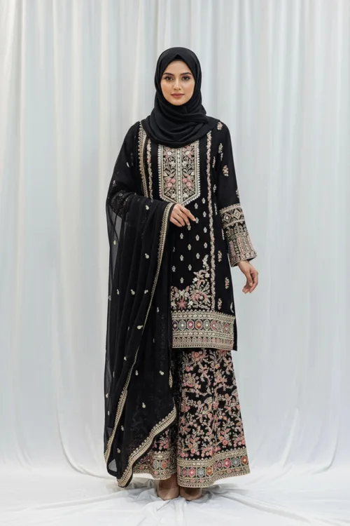 Black Chinon Chiffon Embroidered Gharara Suit - Patel Brothers NX
