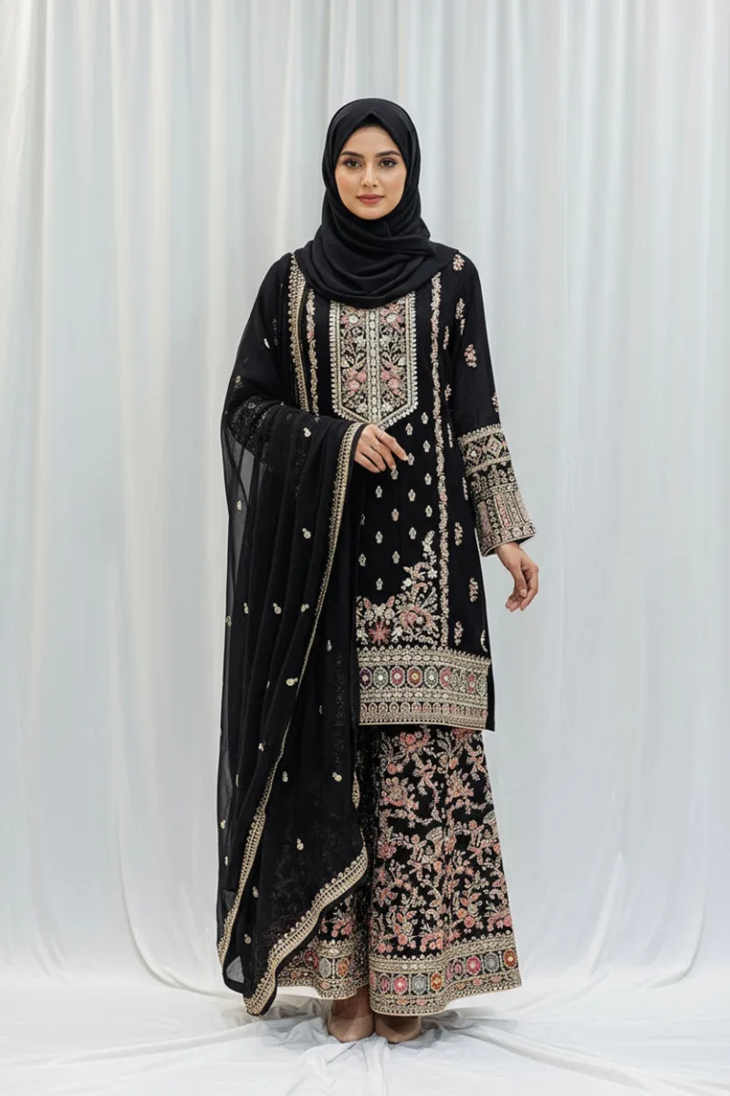 Black Chinon Chiffon Embroidered Gharara Suit - Patel Brothers NX 3