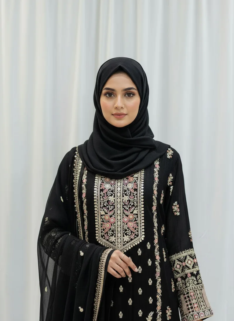 Black Chinon Chiffon Embroidered Gharara Suit - Patel Brothers NX 5