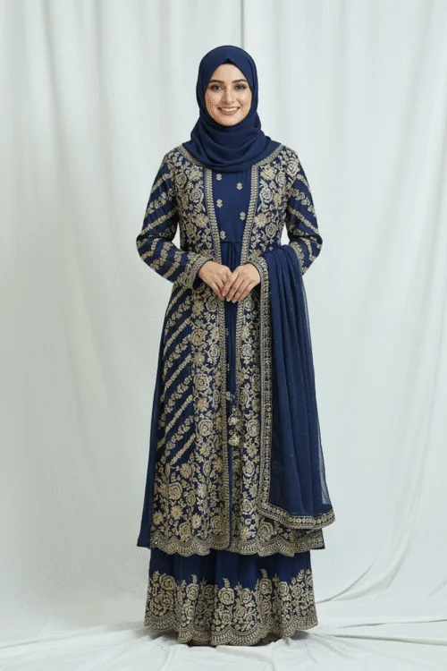 Navy Blue Pure Chinon Chiffon Jacket Style Palazzo Suit | 3728 B - Patel Brothers NX