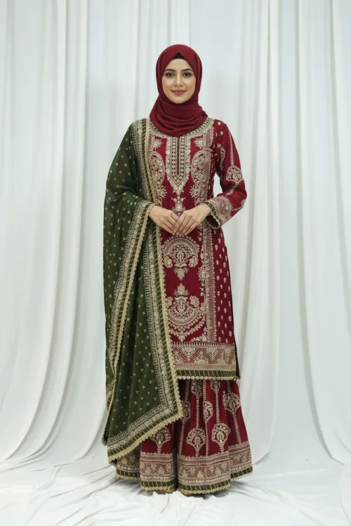 Maroon Chinon Chiffon Embroidered Straight Suit with Kali Plazo & Dupatta | 3743 B - Patel Brothers NX