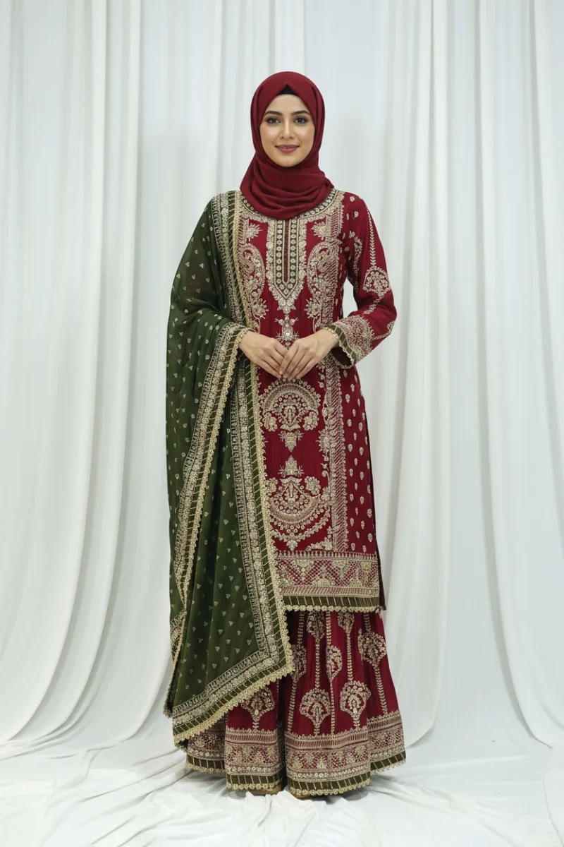 Maroon Chinon Chiffon Embroidered Straight Suit with Kali Plazo & Dupatta | 3743 B - Patel Brothers NX 3