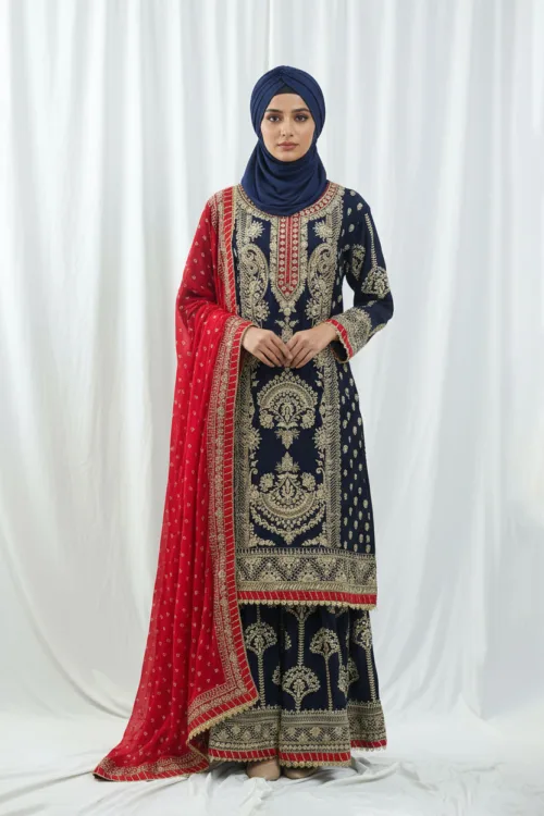 Navy Blue Chinon Chiffon Embroidered Straight Suit with Kali Plazo & Red Dupatta | 3743 A - Patel Brothers NX