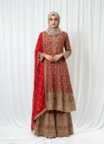 Luxury Red Georgette Palazzo Suit with Kashmiri Zari Embroidery 3750 A - Patel Brothers NX 7
