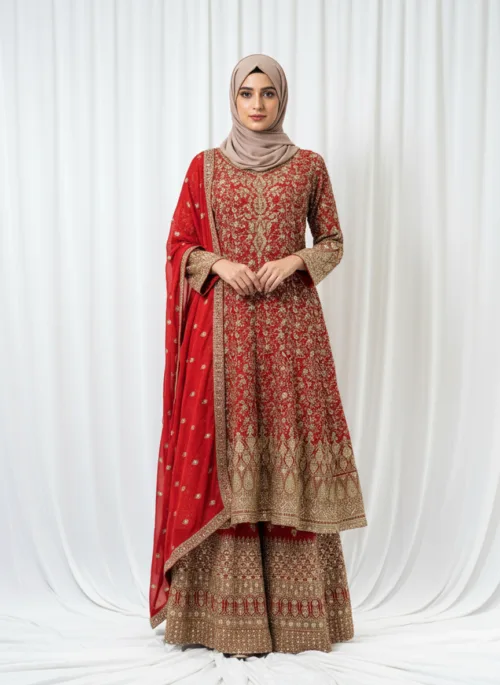 Luxury Red Georgette Palazzo Suit with Kashmiri Zari Embroidery 3750 A - Patel Brothers NX