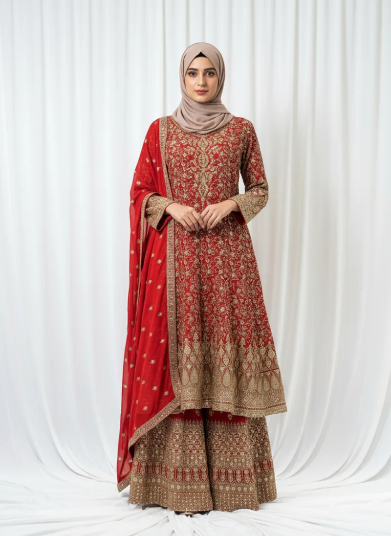 Luxury Red Georgette Palazzo Suit with Kashmiri Zari Embroidery 3750 A - Patel Brothers NX 3