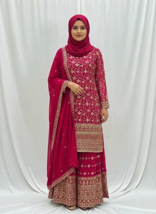 Hot Pink Heavy Embroidered Pure Georgette Plazo Suit | - Patel Brothers NX
