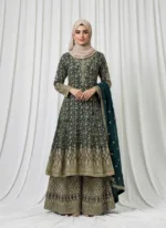 Dark Olive Green Georgette Palazzo Suit with Kashmiri Zari Embroidery 3750 B - Patel Brothers NX 7