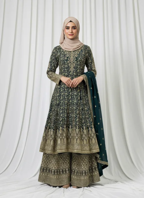 Dark Olive Green Georgette Palazzo Suit with Kashmiri Zari Embroidery 3750 B - Patel Brothers NX
